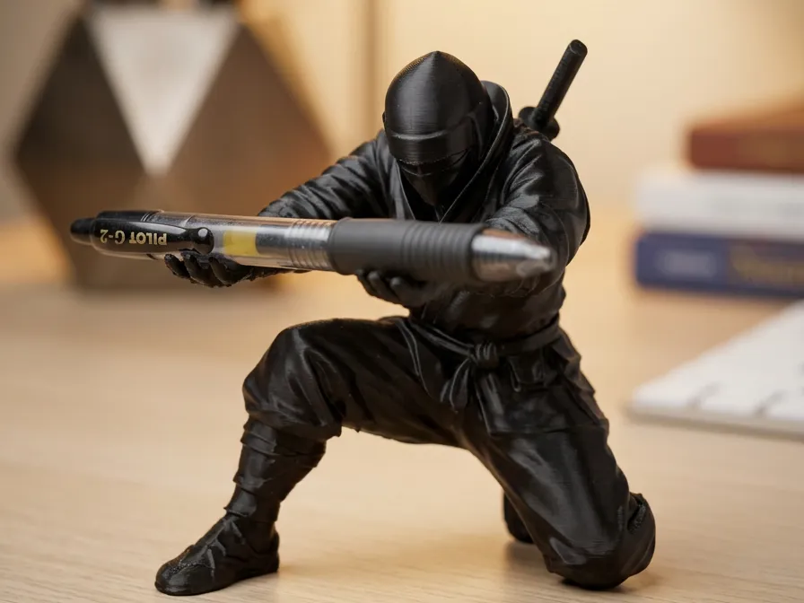 Ninja Figürlü Kalemlik Standı – Siyah PETG 3D Baskı Masa Aksesuarı